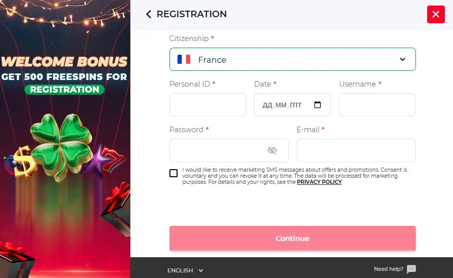 Processo di registrazione BETLIVE